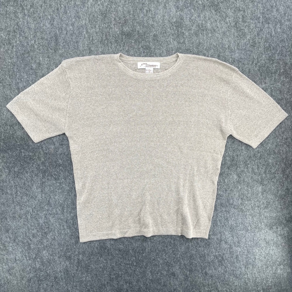 Norm Thompson Shirt Womens Medium Linen Cotton Top Short Sleeve Crew Neck Beige